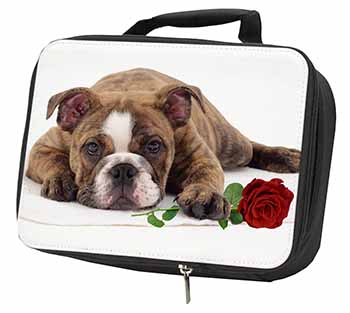 Bulldog with Red Rose Black Insulated School Lunch Box/Picnic Bag