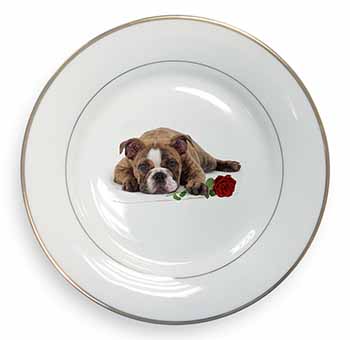 Bulldog with Red Rose Gold Rim Plate Printed Full Colour in Gift Box