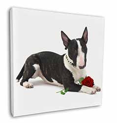 Bull Terrier Dog with Red Rose Square Canvas 12"x12" Wall Art Picture Print