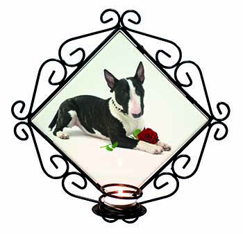 Bull Terrier Dog with Red Rose Wrought Iron Wall Art Candle Holder