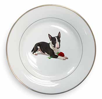 Bull Terrier Dog with Red Rose Gold Rim Plate Printed Full Colour in Gift Box