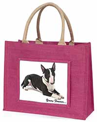 Brindle and White Bull Terrier "Yours Forever..." Large Pink Jute Shopping Bag