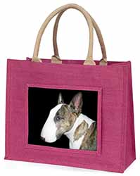 A Beautiful Brindle Bull Terrier Large Pink Jute Shopping Bag