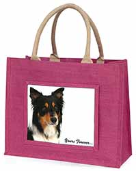 Tri-colour Border Collie Dog "Yours Forever..." Large Pink Jute Shopping Bag