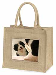 Border Collie in Mirror Natural/Beige Jute Large Shopping Bag