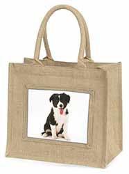 Border Collie Puppy Natural/Beige Jute Large Shopping Bag