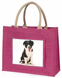 Border Collie Puppy Large Pink Jute Shopping Bag