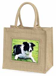 Border Collie Dog Natural/Beige Jute Large Shopping Bag