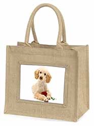 Poodle with Red Rose Natural/Beige Jute Large Shopping Bag