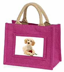 Poodle with Red Rose Little Girls Small Pink Jute Shopping Bag