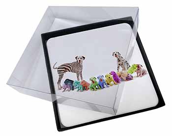 4x Colourful Dalmatian Dogs Picture Table Coasters Set in Gift Box