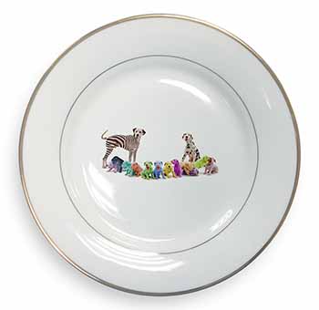 Colourful Dalmatian Dogs Gold Rim Plate Printed Full Colour in Gift Box