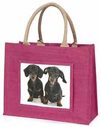 Cute Dachshund Dogs Large Pink Jute Shopping Bag