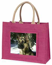 German Shepherd Dog in Snow Large Pink Jute Shopping Bag