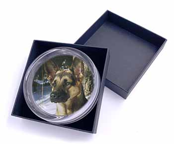 German Shepherd Dog in Snow Glass Paperweight in Gift Box