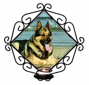 German Shepherd Dog on Beach Wrought Iron Wall Art Candle Holder