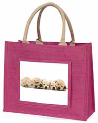 Five Golden Retriever Puppy Dogs Large Pink Jute Shopping Bag