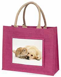 Golden Retriever and Rabbit Large Pink Jute Shopping Bag