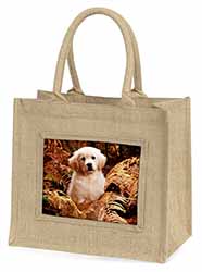 Golden Retriever Puppy Natural/Beige Jute Large Shopping Bag