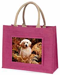 Golden Retriever Puppy Large Pink Jute Shopping Bag