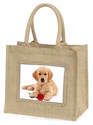 Golden Retriever Dog with Rose Natural/Beige Jute Large Shopping Bag