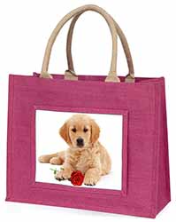 Golden Retriever Dog with Rose Large Pink Jute Shopping Bag