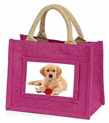 Golden Retriever Dog with Rose Little Girls Small Pink Jute Shopping Bag