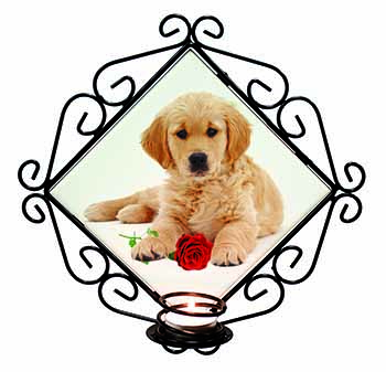 Golden Retriever Dog with Rose Wrought Iron Wall Art Candle Holder