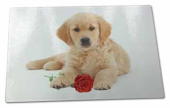 Large Glass Cutting Chopping Board Golden Retriever Dog with Rose