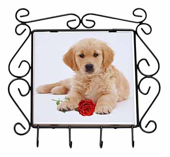 Golden Retriever Dog with Rose Wrought Iron Key Holder Hooks