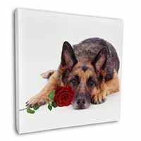 German Shepherd with Red Rose Square Canvas 12"x12" Wall Art Picture Print