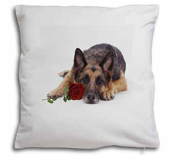 German Shepherd with Red Rose Soft White Velvet Feel Scatter Cushion