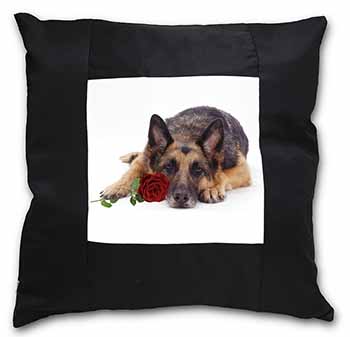 German Shepherd with Red Rose Black Satin Feel Scatter Cushion