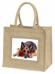 German Shepherd with Red Rose Natural/Beige Jute Large Shopping Bag