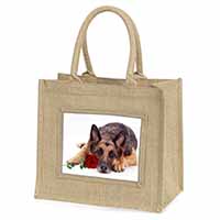 German Shepherd with Red Rose Natural/Beige Jute Large Shopping Bag