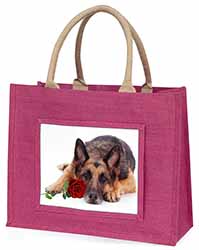 German Shepherd with Red Rose Large Pink Jute Shopping Bag