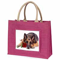 German Shepherd with Red Rose Large Pink Jute Shopping Bag