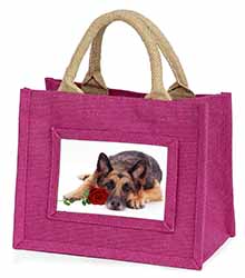 German Shepherd with Red Rose Little Girls Small Pink Jute Shopping Bag