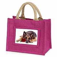 German Shepherd with Red Rose Little Girls Small Pink Jute Shopping Bag