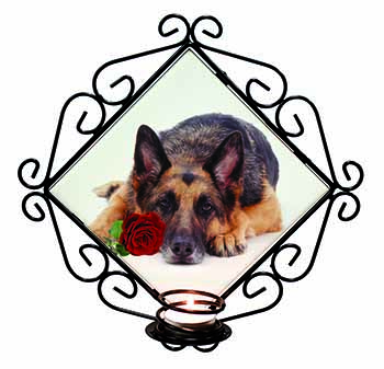 German Shepherd with Red Rose Wrought Iron Wall Art Candle Holder