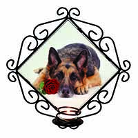 German Shepherd with Red Rose Wrought Iron Wall Art Candle Holder