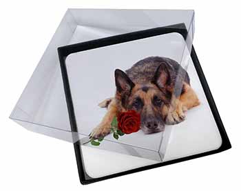 4x German Shepherd with Red Rose Picture Table Coasters Set in Gift Box