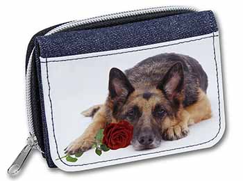 German Shepherd with Red Rose Unisex Denim Purse Wallet