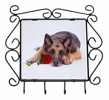 German Shepherd with Red Rose Wrought Iron Key Holder Hooks