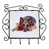 German Shepherd with Red Rose Wrought Iron Key Holder Hooks