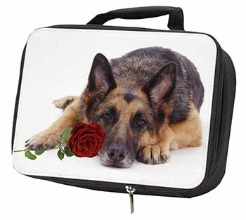 German Shepherd with Red Rose Black Insulated School Lunch Box/Picnic Bag