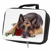 German Shepherd with Red Rose Black Insulated School Lunch Box/Picnic Bag