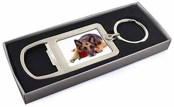 German Shepherd with Red Rose Chrome Metal Bottle Opener Keyring in Box