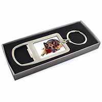 German Shepherd with Red Rose Chrome Metal Bottle Opener Keyring in Box