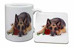 German Shepherd with Red Rose Mug and Coaster Set